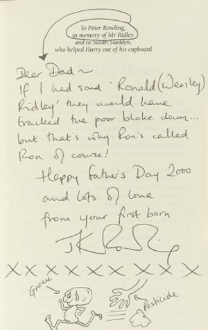 조앤 K. 롤링이 아버지에게 자신의 작품 『불의 잔』을 주며 책 첫머리에 쓴 글