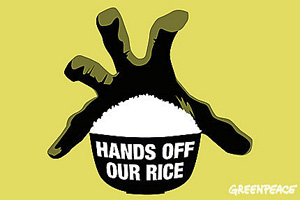 We are asking Monsanto and the other companies to get their GE(genetically engineered) hands off China&rsquo;s rice.