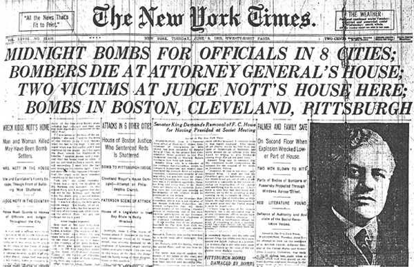 1919년 6월 2일, 한밤중에 동부 해안 여덟 개 도시의 여러 주택이 폭탄 테러를 당했다. 미국 법무장관 마첼 파머의 집도 그 하나였다. 사코와 반제티 친구들이 포함된 무정부주의 투사들이 그 주범이었다. 이로써 적색공포와 급진주의자에 대한 탄압이 시작되었다.